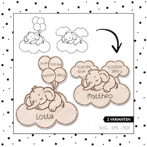 Fichier laser jalon naissance bébé SVG EPS PDF carte d'étape éléphant décoration murale chambre d'enfant fichier laser 692