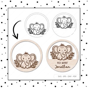 Laserbestand kinderkamerbord olifant deurbord SVG EPS DXF deurring naamplaatje olifant lasergesneden digitale download v514