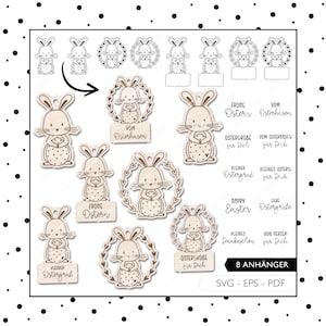 Laserdatei Ostern Geschenkanhänger SVG EPS PDF Osterei Kranz Osterhase Anhänger Hase Laser Cut Digitaler Download v120