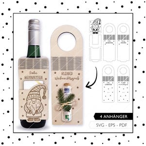 Laserbestand fles hanger Kerstmis SVG EPS PDF gnome geld cadeau cadeauverpakking voucher lasergesneden digitale download 639