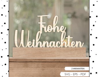 May include: Wooden sign with the text "Frohe Weihnachten" in a cursive font. The sign is on a wooden base and is a Christmas decoration.