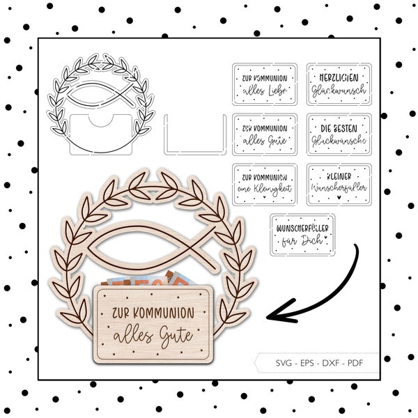 Laserdatei Kommunion Geldgeschenk Kranz Umschlag SVG EPS DXF Gutschein Lasercut Geschenkkartenhalter Laser Cut Digitaler Download v109