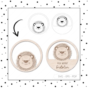 Targa per cameretta bambini in formato laser, targa per porta in formato SVG, anello per porta, targhetta con nome a forma di leone, file tagliato al laser 758