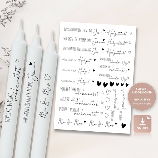 Candle tattoos wedding engagement | PDF template for candles water slide film I stick candles get married | Decorate candles | To print v2