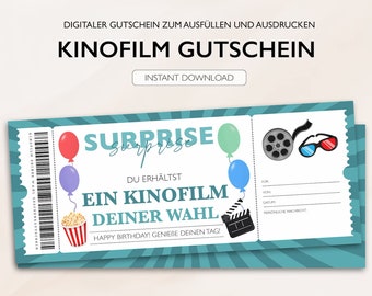 Personalisierter Gutschein Kino Ticket Geburtstag PDF Download Kinogutschein Gutscheinkarte Bearbeitbare Gutscheine Zum Ausdrucken Ausfüllen