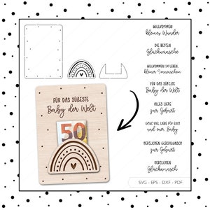 Fichier laser argent cadeau naissance bébé SVG EPS DXF billet arc-en-ciel emballage carte porte-billets Laser Cut Digital Download v300