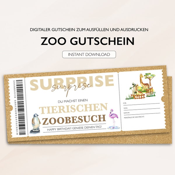 Personalisierter Gutschein Zoo Ticket PDF Download Zoogutschein Gutscheinkarte Bearbeitbare Gutscheine Zum Ausdrucken Und Zum Ausfüllen