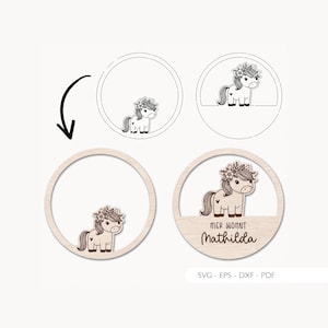 Laserdatei Kinderzimmer Schild Türschild SVG EPS DXF Türring Namensschild Schnittdatei Pferd Plotterdatei Laser Cut Digitaler Download v314