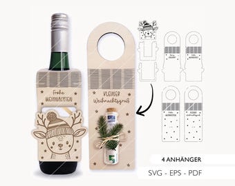 Laser file bottle pendant Christmas SVG EPS PDF reindeer money gift gift wrapping voucher laser file 711