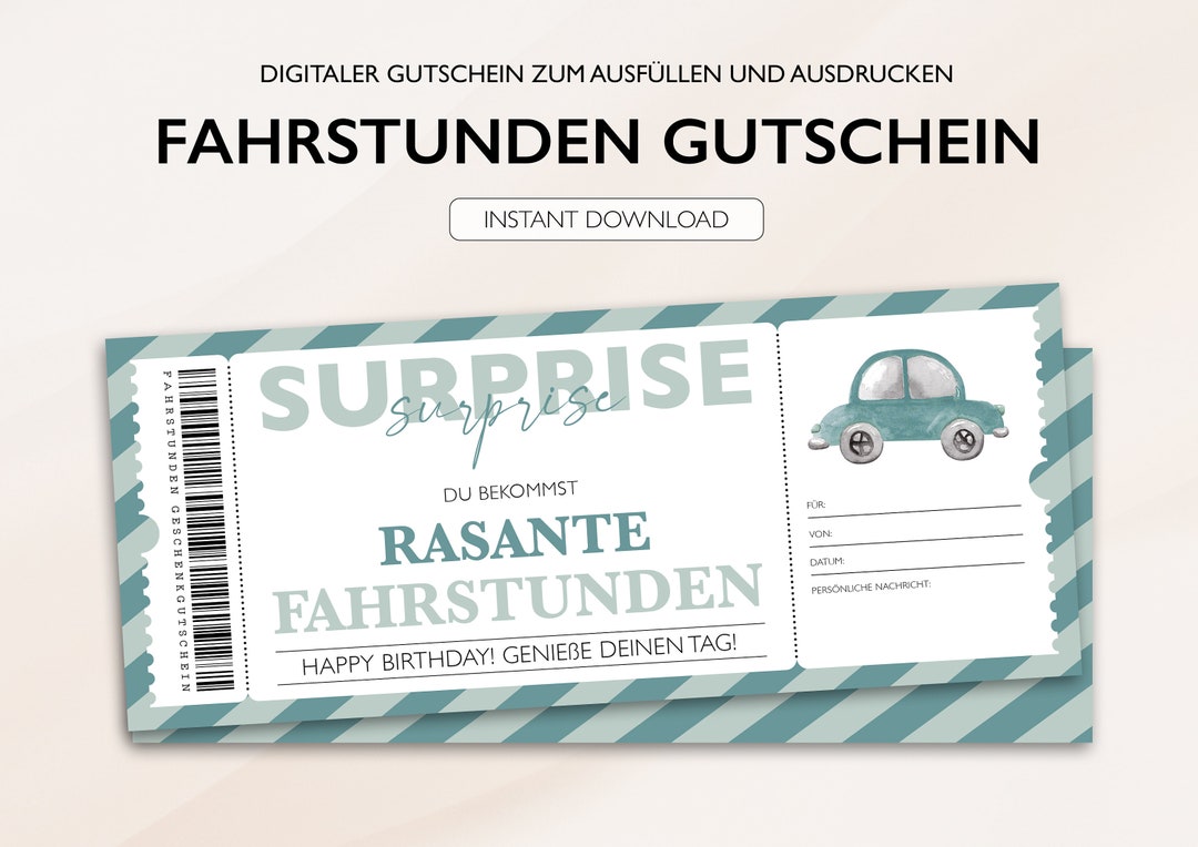 Personalisierter Gutschein Fahrstunden Ticket PDF Download Etsy.de