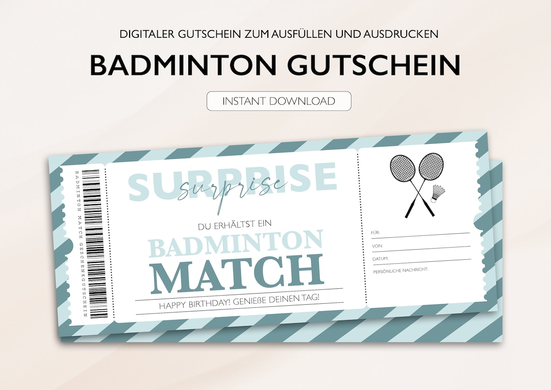Personalized Voucher Badminton Ticket Instant Download Sport Etsy