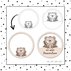 Arquivo a laser sinal de quarto infantil sinal de porta SVG EPS DXF anel de porta placa de nome arquivo de corte urso corte a laser download digital v434