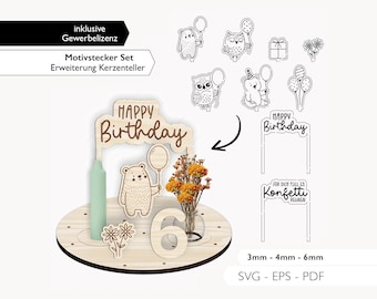 Fichier laser Motif de plaque d'anniversaire Plug SVG Ensemble de plaques de bougie d'anniversaire Extension de base Découpe laser Téléchargement numérique 949