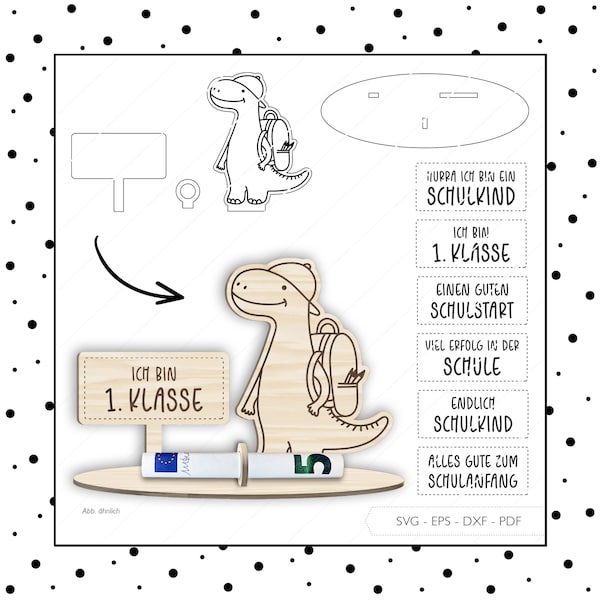 Laserdatei Geldgeschenk Schulanfang SVG EPS DXF Dinosaurier Schulkind Einschulung Geldhalter Geldscheinhalter Laser Cut Digitaler Download