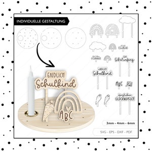 Laserdatei Schulanfang Kerzenteller SVG EPS DXF Schulkind Regenbogen Kerzenteller Laser Cut Digitaler Download v429