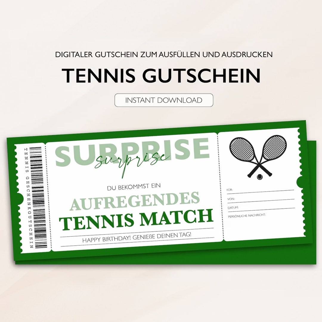 Personalisierter Gutschein Tennis Ticket PDF Download Tennisspiel