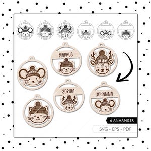 Laserdatei Weihnachten Geschenkanhänger SVG PDF EPS Baumkugeln 6 Anhänger Baumschmuck Rentier Maus Katze Laser Cut Digitaler Download v595