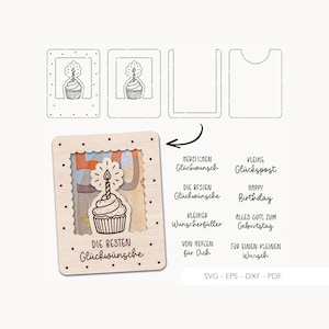 Arquivo digital para corte a laser de dinheiro, presente, cupcake, aniversário, envelope, SVG, EPS, DXF, voucher, cartão-presente, muffin, v276