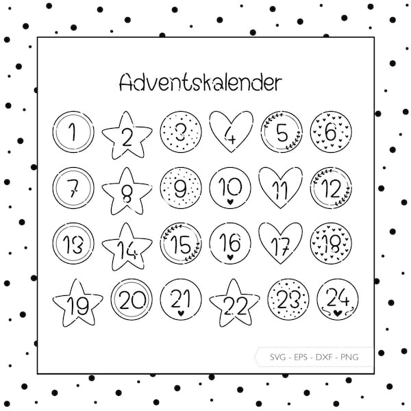 Plotterdatei Adventskalender Zahlen SVG Eps DXF PNG Vektor Herz Advent Adventskalender Zahlen Laserdatei Digitaler Download 27