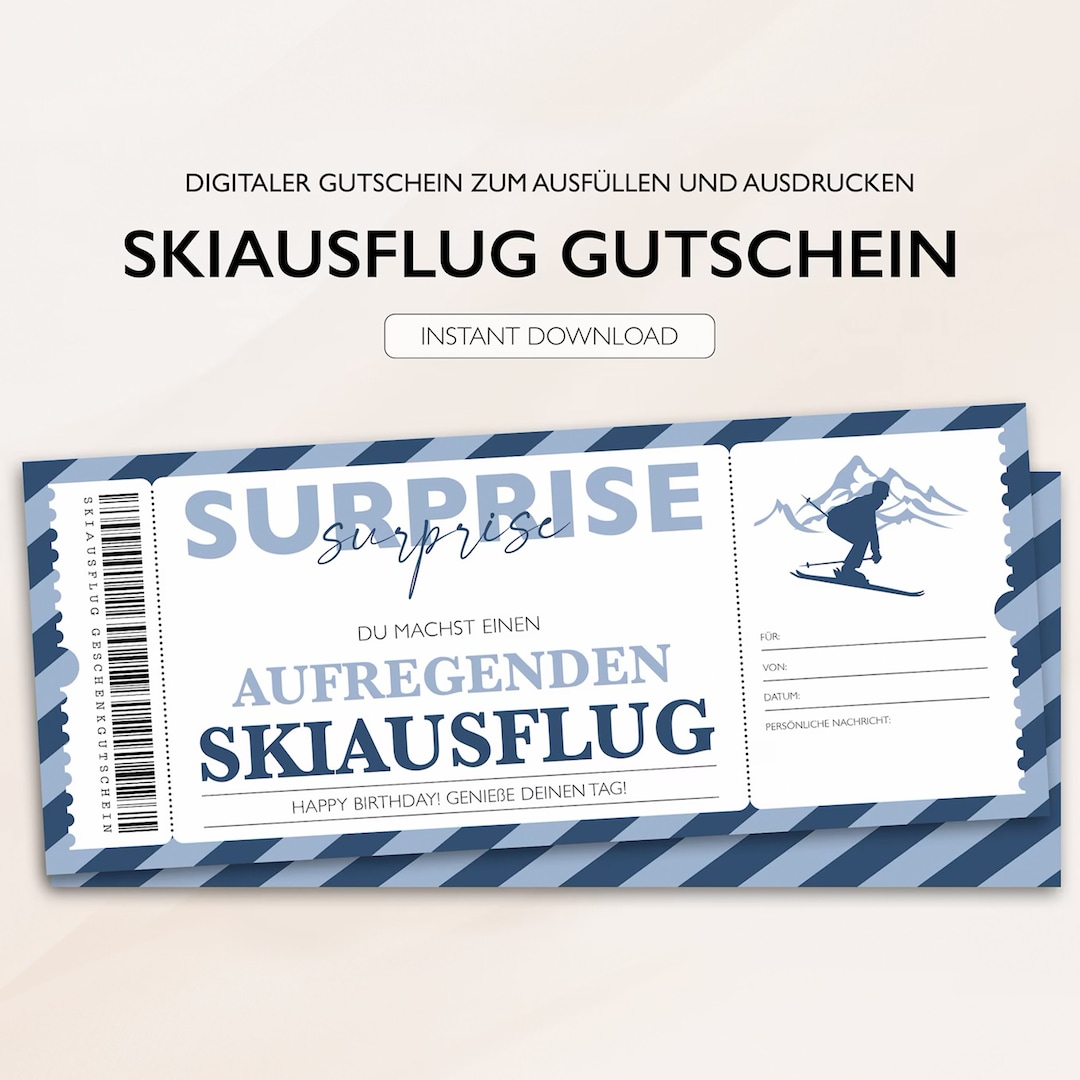 Personalisierter Gutschein Ski Ticket PDF Download Skiausflug Skireise