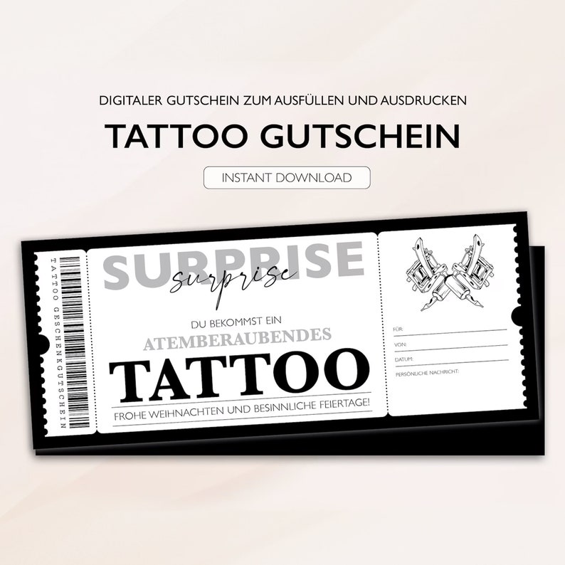 Personalisierter Gutschein Tattoo Ticket PDF Download Weihnachten Tattoogutschein Gutscheinkarte Gutscheine Zum Ausdrucken Zum Ausfüllen Bild 1