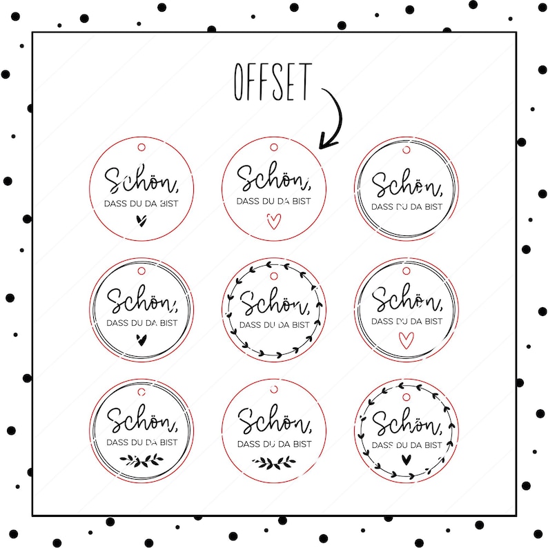 May include: Nine round, white, paper gift tags with black text and a black and white design. The text on the tags reads "Schon, dass du da bist" which translates to "It's nice that you are here".