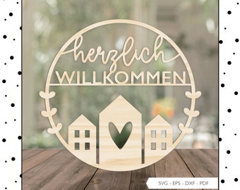 Laser file Welcome sign door sign SVG EPS DXF door ring wreath cutting file houses plotter file laser cut digital download v140