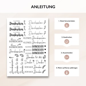 May include: Printable sheet of stickers with the text "Dankesch&ouml;n" and "Danke" in various styles and sizes. The sheet also includes instructions for downloading, printing, cutting out, and applying the stickers to candles.
