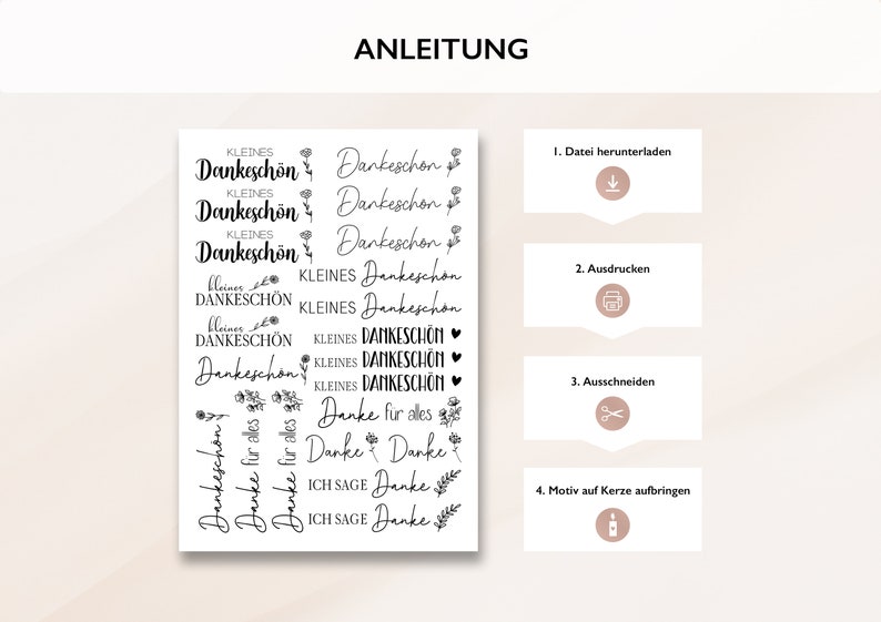 May include: Printable sheet of stickers with the text "Dankesch&ouml;n" and "Danke" in various styles and sizes. The sheet also includes instructions for downloading, printing, cutting out, and applying the stickers to candles.
