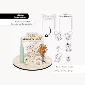 Laserdatei Geburtstagsteller Motivstecker SVG Geburtstag Kerzenteller Set Basic Erweiterung Laser Cut Digitaler Download 950