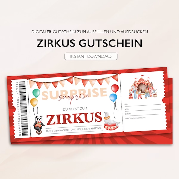 Personalisierter Gutschein Zirkus Ticket PDF Download Weihnachten Zirkusgutschein Gutscheinkarte Gutscheine Zum Ausdrucken Und Zum Ausfüllen