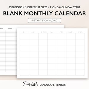 Blank Monthly Calendar Printable Landscape Minimalist - Etsy