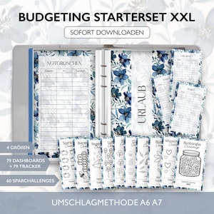 Könnte beinhalten: Ein Budget-Starterset mit einem blauen und weißen Blumenmuster. Das Set enthält 79 Dashboards, 79 Tracker und 60 Spar-Herausforderungen. Das Set ist für die Verwendung mit der Umschlagmethode konzipiert und in den Größen A6 und A7 erhältlich.