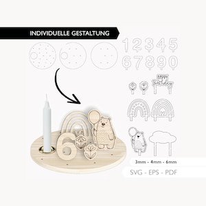 Laserdatei Geburtstagsteller SVG EPS PDF Geburtstag Bär Regenbogen Kerzenteller Laser Cut Digitaler Download v410