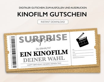 Personalisierter Gutschein Kino Ticket Geburtstag PDF Download Kinogutschein Bearbeitbare Gutscheine Zum Ausdrucken Ausfüllen Gutscheinkarte