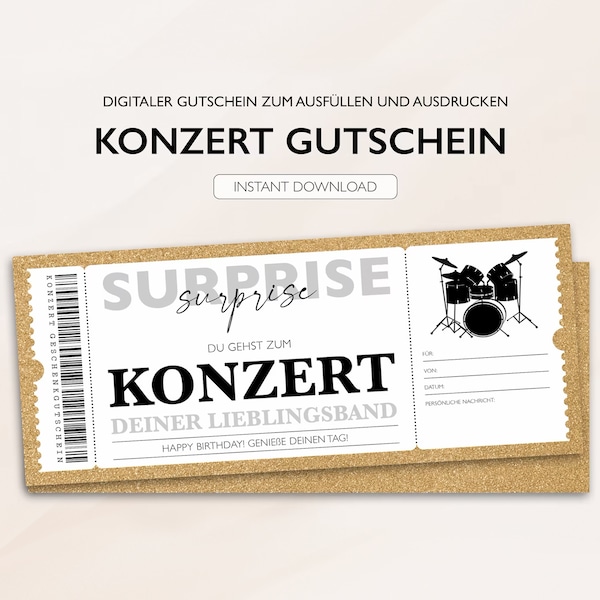 Personalisierter Gutschein Konzert Ticket PDF Download Konzertgutschein Gutscheinkarte Bearbeitbare Gutscheine Zum Ausdrucken Zum Ausfüllen