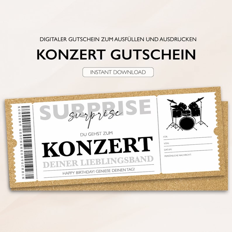 Personalisierter Gutschein Konzert Ticket PDF Download Konzertgutschein Gutscheinkarte Bearbeitbare Gutscheine Zum Ausdrucken Zum Ausfüllen zdjęcie 1