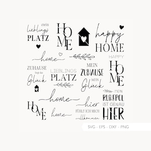 Könnte beinhalten: Eine Sammlung von schwarz-weißen Wohndekor-Designs mit verschiedenen Textelementen. Die Wörter beinhalten "Home", "Happy Home" und deutsche Sätze. Das Bild enthält auch ein Haus-Symbol mit einem Herzen und floralen Akzenten.