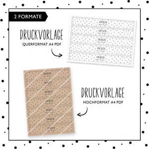 May include: Printable gift tags with a brown kraft paper background and white polka dots. The tags have the text "Von Herzen f&uuml;r Dich" which translates to "From the heart for you". The tags are available in two formats: landscape and portrait, both in A4 size.
