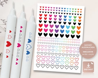 Candle tattoos hearts heart motifs colorful | PDF template for candles water slide film I gift stick candles | Decorate candles | To print