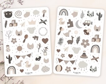 Sticker Sheet - Boho Baby Sticker Set Schwangerschaft | Stickerbogen Baby Stickers | Geburt Niedliche Aufkleber Set Pastel Braun