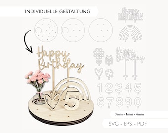 Laserdatei Geburtstagsteller SVG PDF EPS Geburtstag Regenbogen Kerzenteller Laser Cut Digitaler Download v266