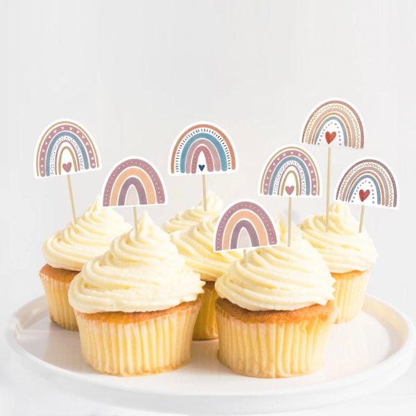 Dekostecker Cupcake Topper 28 Stück Set Boho Regenbogen Aquarell | Geburtstag Muffin Kuchenstecker Kindergeburtstag