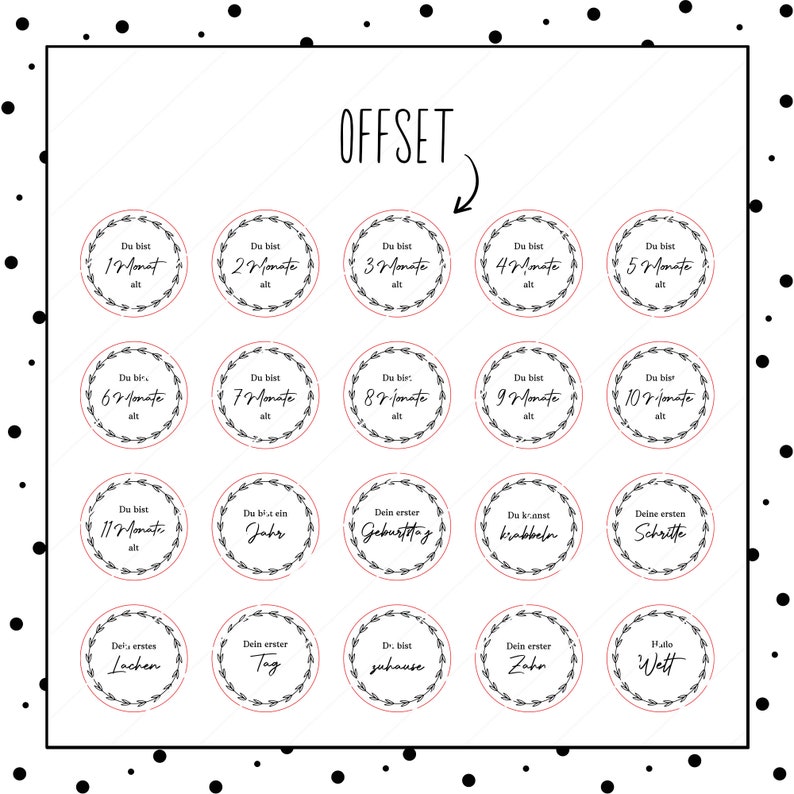 K&ouml;nnte beinhalten: Ein Set mit 20 druckbaren Baby-Meilenstein-Stickern mit einem Kranz-Design. Die Sticker zeigen Text in Deutsch, wie "Du bist 1 Monat alt" und "Dein erster Geburtstag".