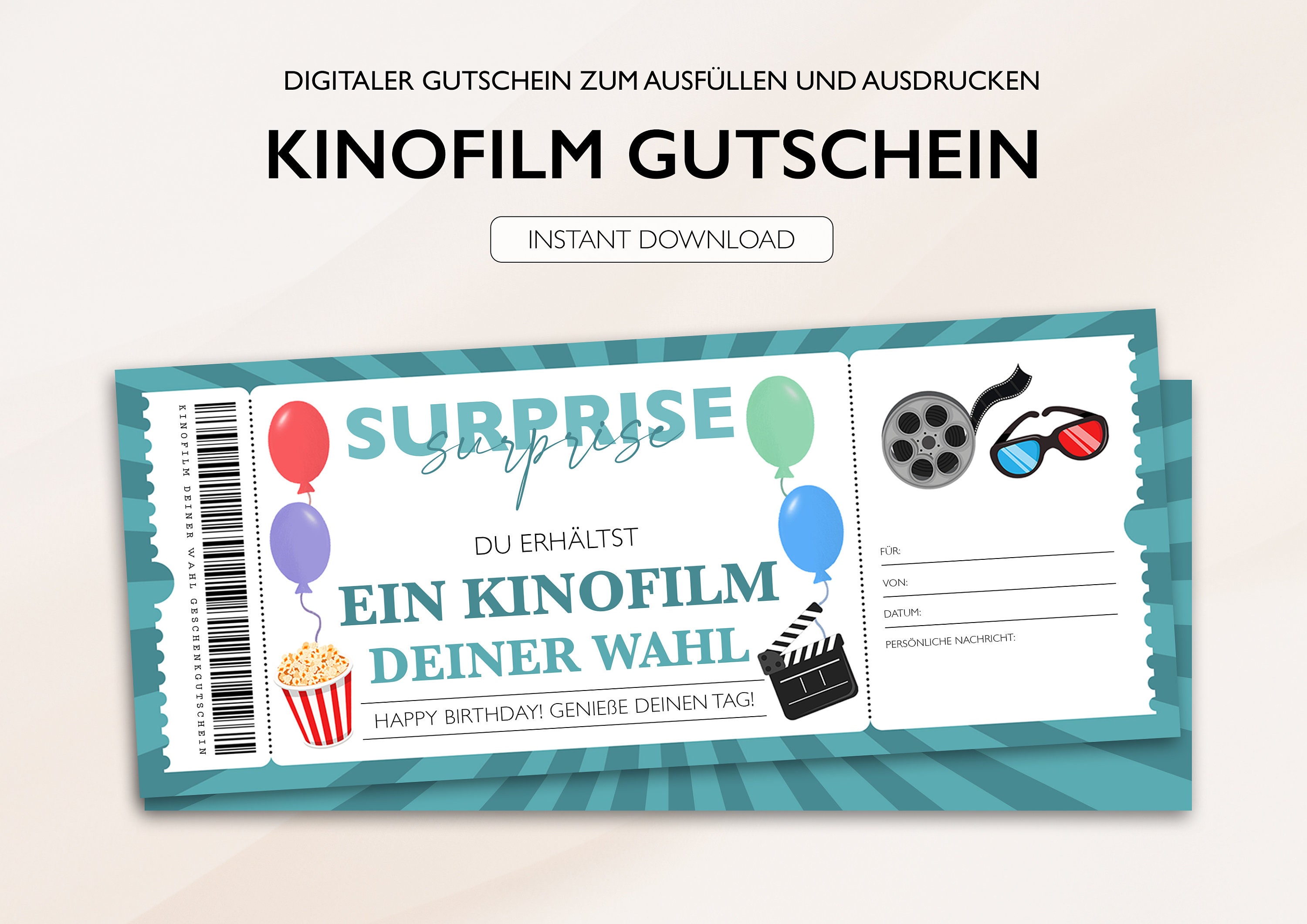 Personalisierter Gutschein Kino Ticket Geburtstag PDF Download  Kinogutschein Gutscheinkarte Bearbeitbare Gutscheine Zum Ausdrucken  Ausfüllen