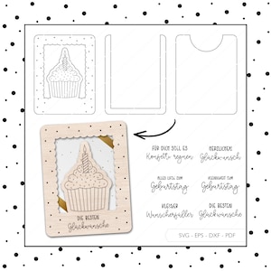 Arquivo a laser dinheiro presente cupcake envelope de aniversário svg eps dxf voucher cartão presente muffin corte a laser download digital v125