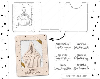 Laser File Money Gift Cupcake Birthday Envelope SVG EPS DXF Voucher Gift Card Muffin Laser Cut Digital Download v125
