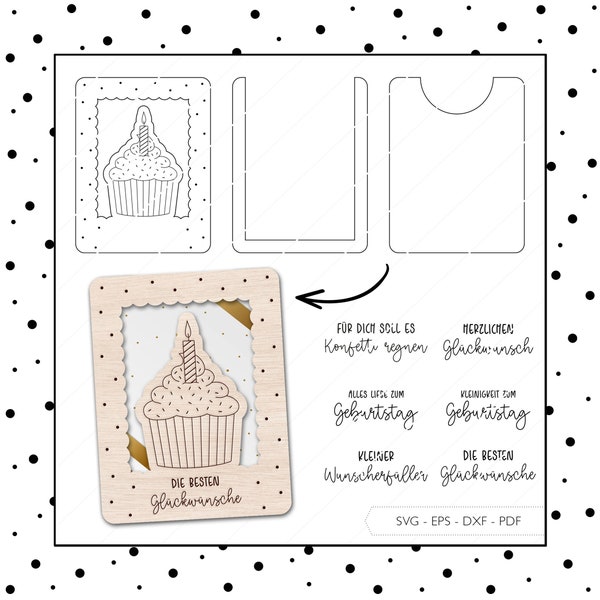 Fichier laser Argent Cadeau Cupcake Anniversaire Enveloppe SVG EPS DXF Bon Cadeau Carte Muffin Laser Cut Téléchargement numérique v125