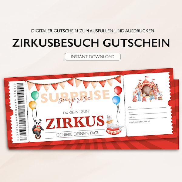 Personalisierter Gutschein Zirkus Ticket Geburtstag PDF Download Zirkusgutschein Gutscheinkarte Bearbeitbare Gutscheine Zum Ausdrucken