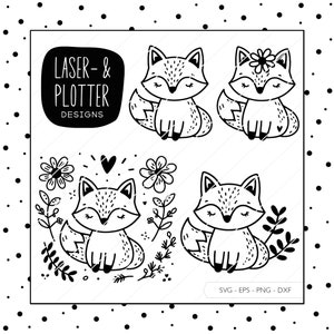 File plotter Fox SVG Eps DXF PNG | Digistamp Cute Fox File laser Fiori Taglio laser File di taglio Plotter Download digitale v165